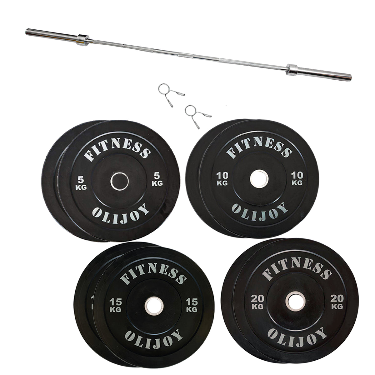 OLI JOY 100KG Black Bumper Plate & Barbell Bundle