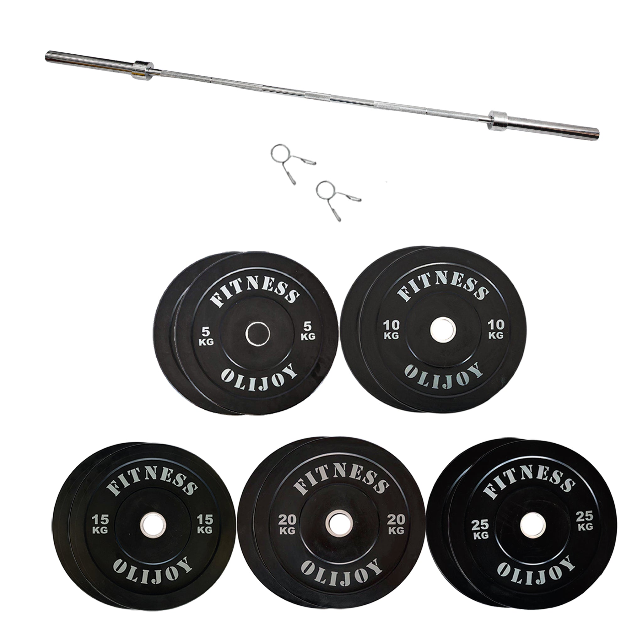 150kg Black Bumper Plates & Barbell Bundle (2.2m bar) - Oli Joy Sports 