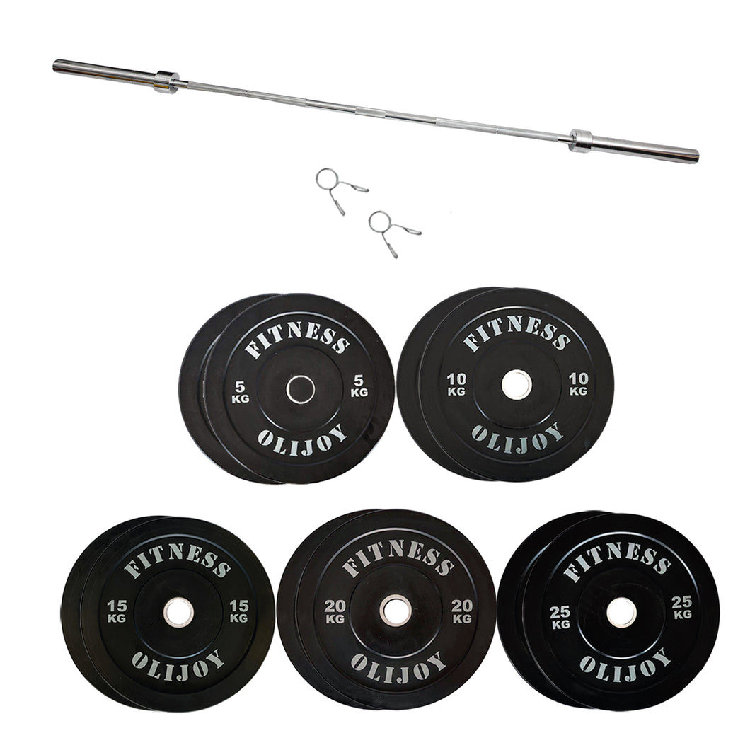 150kg Black Bumper Plates & Barbell Bundle (2.2m bar) - Oli Joy Sports 