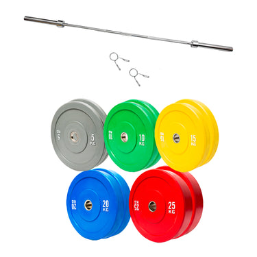 150kg Colour Bumper Plates & Barbell Bundle (2.2m bar) - Oli Joy Sports 