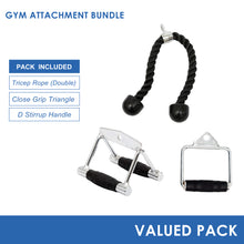 Load image into Gallery viewer, Gym Attachment Bundle - Close Grip Triangle, D Stirrup Handle &amp;Tricep Rope (Double)
