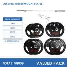 Load image into Gallery viewer, 100kg Olympic Weight Plates &amp; Barbell Bundle (2.2m bar)
