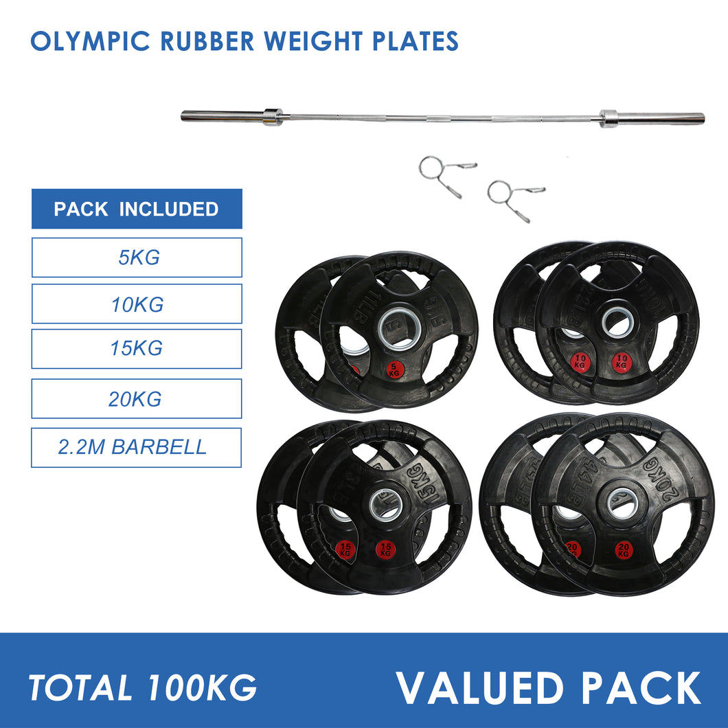 100kg Olympic Weight Plates & Barbell Bundle (2.2m bar)