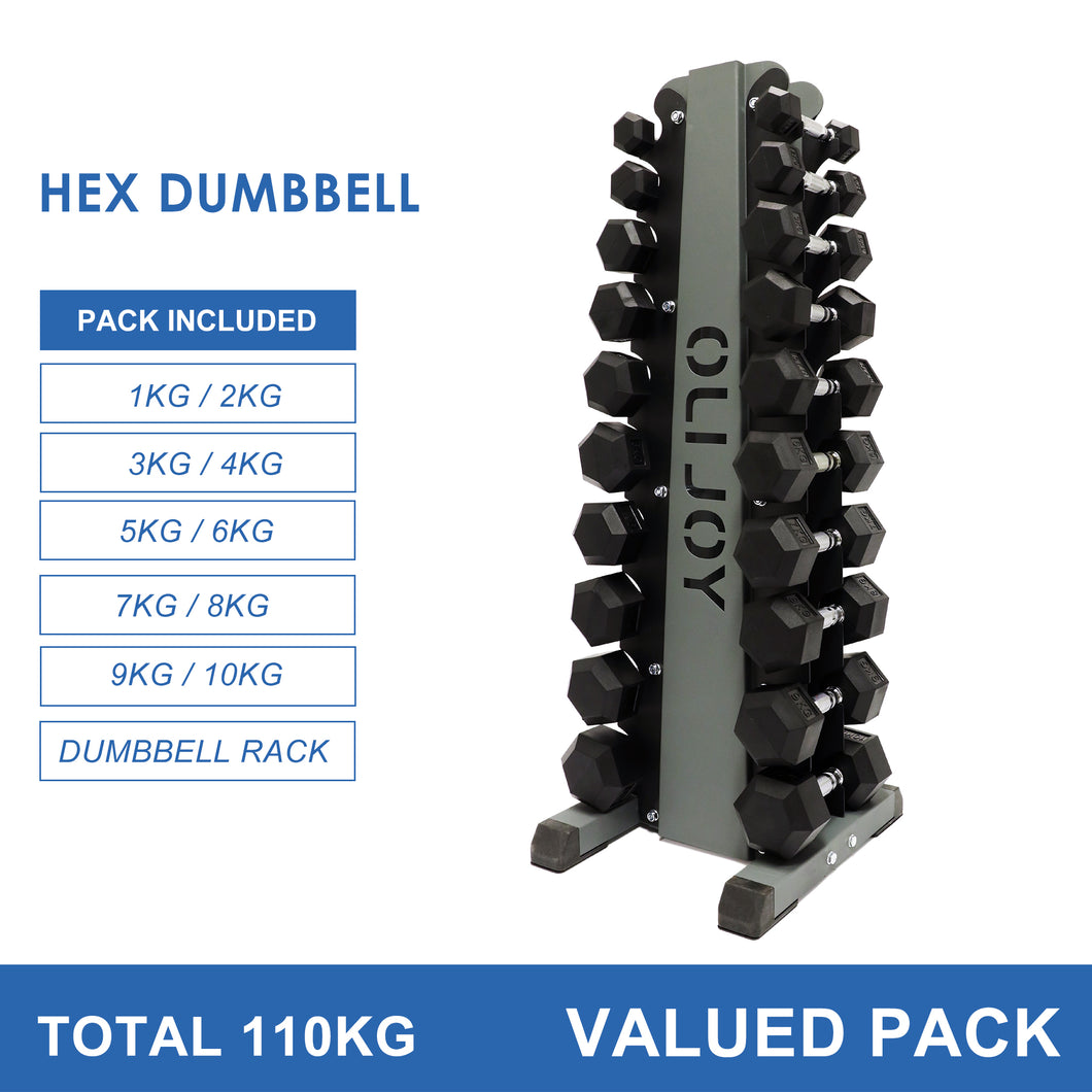 1kg to 10kg Hex Dumbbell & Olijoy Storage Rack Bundle (10 pairs - 110kg)