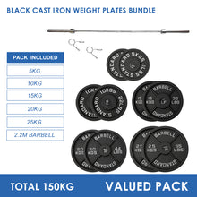 Load image into Gallery viewer, 150kg Black Cast Iron Plates &amp; Barbell Bundle (2.2m bar)
