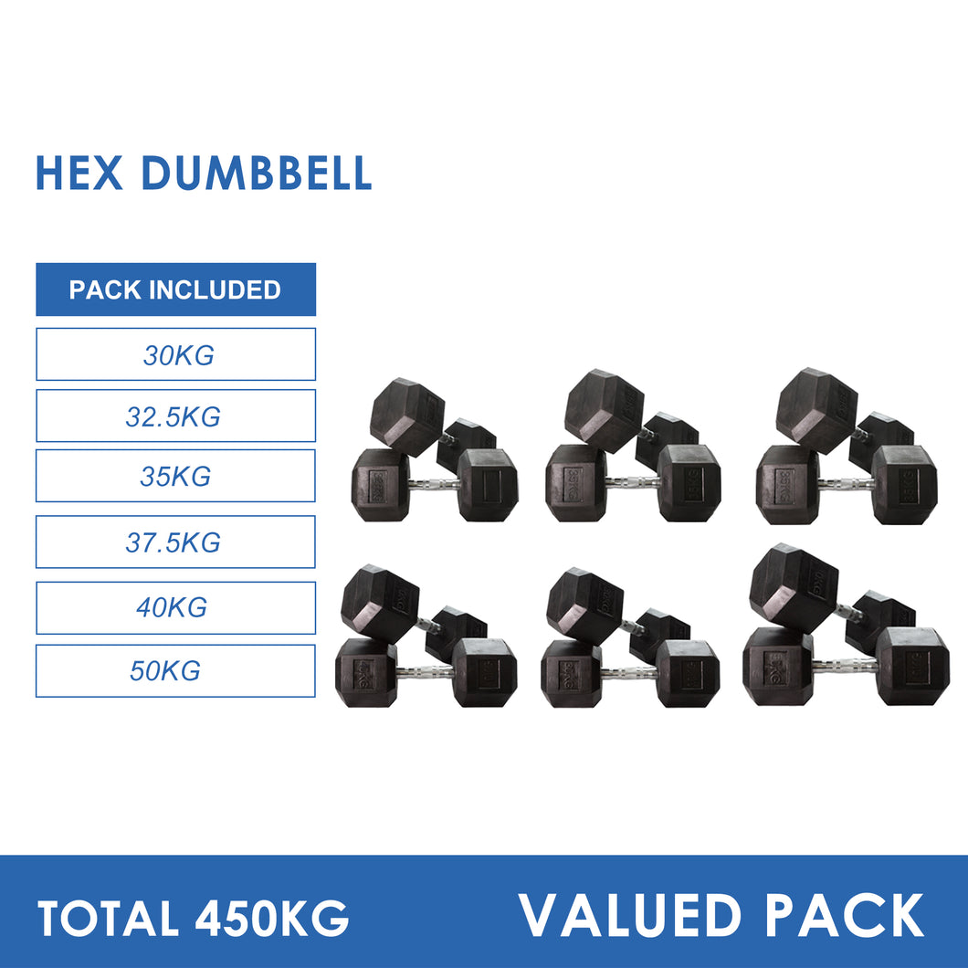 30kg to 50kg Hex Dumbbell Bundle (6pairs - 450kg)