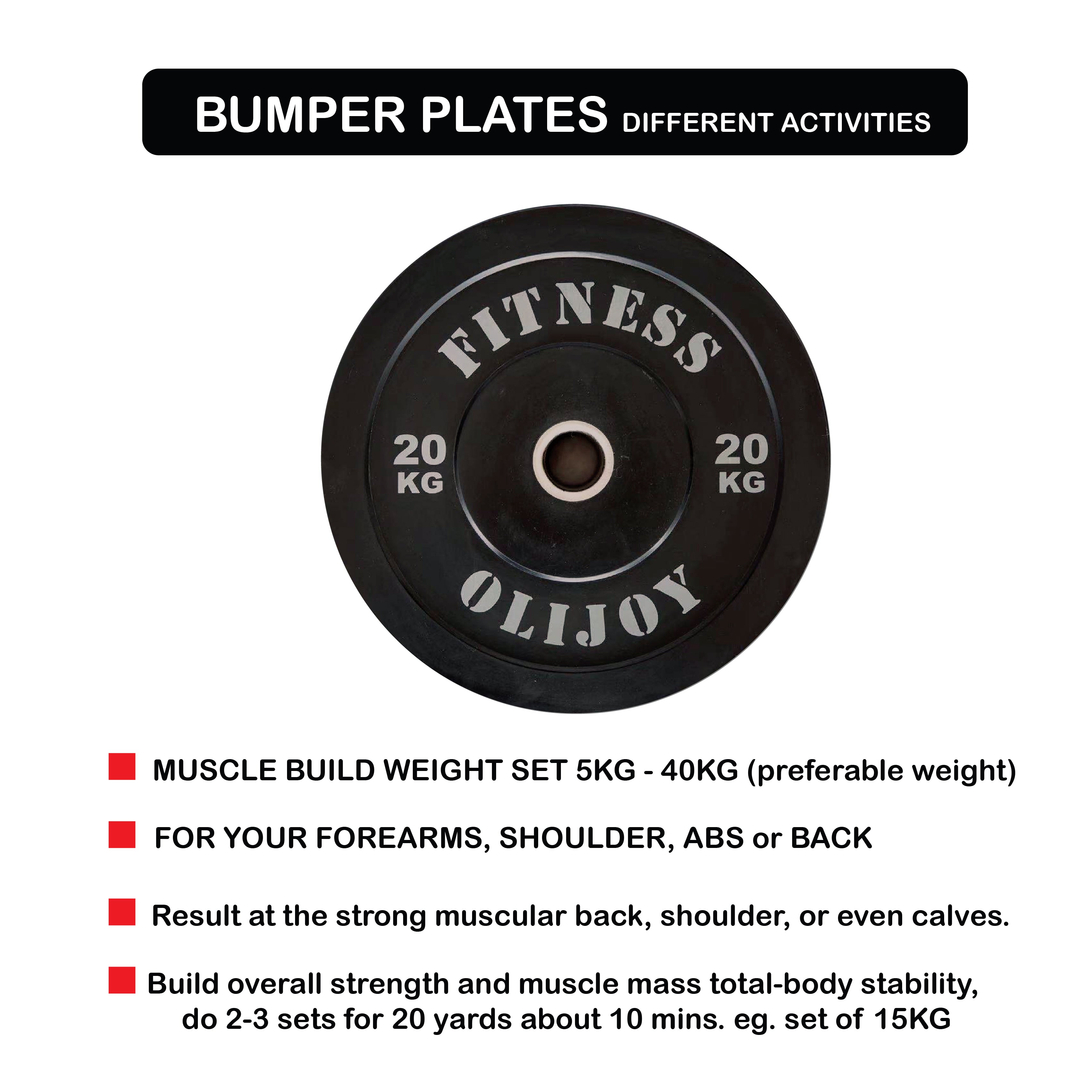 Olympic Rubber Bumper Plates (Black) 5/10/15/20/25kg - Oli Joy Sports 
