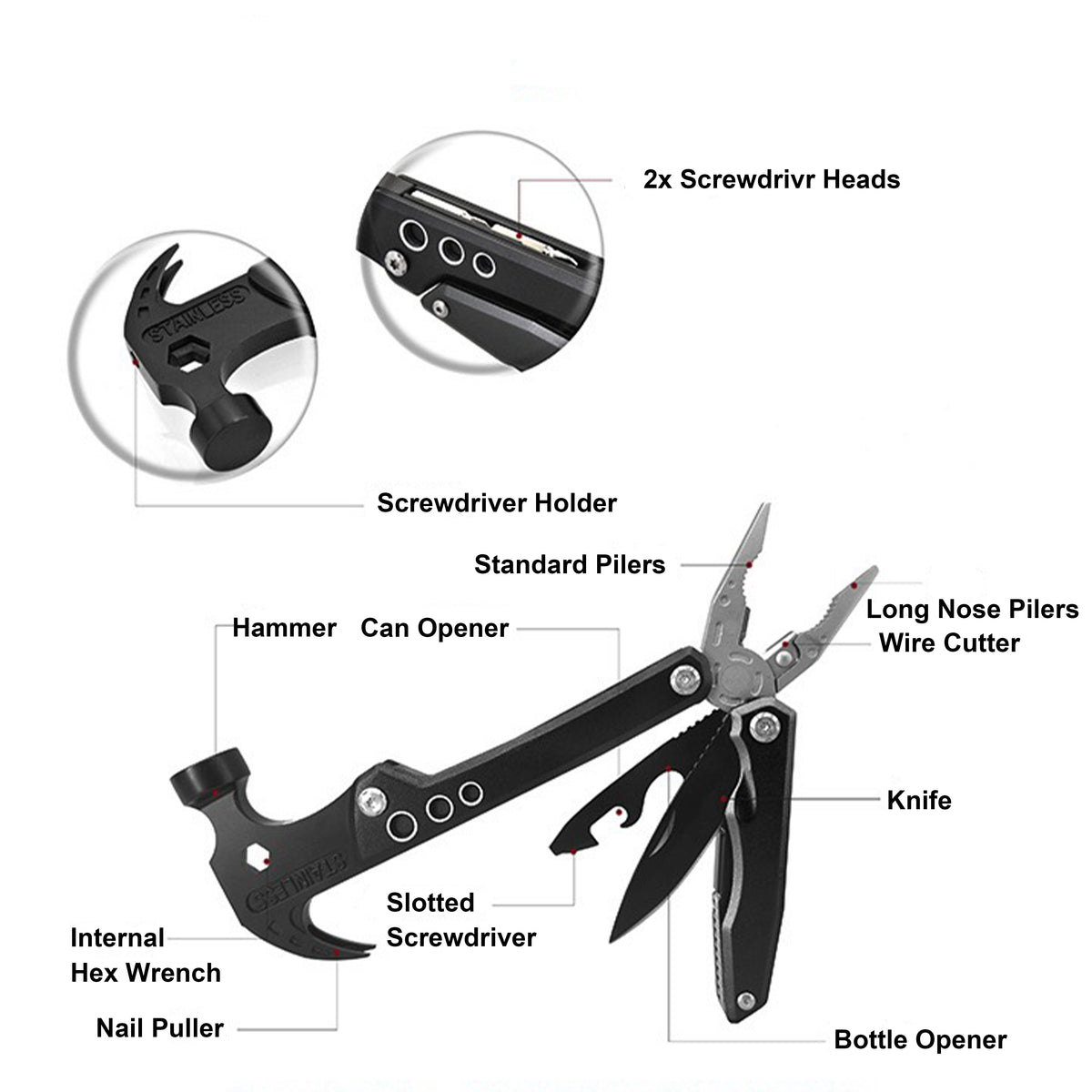 12 in 1 Multifunctional Pocket Tool Mini Hammer Multi Camping Tool