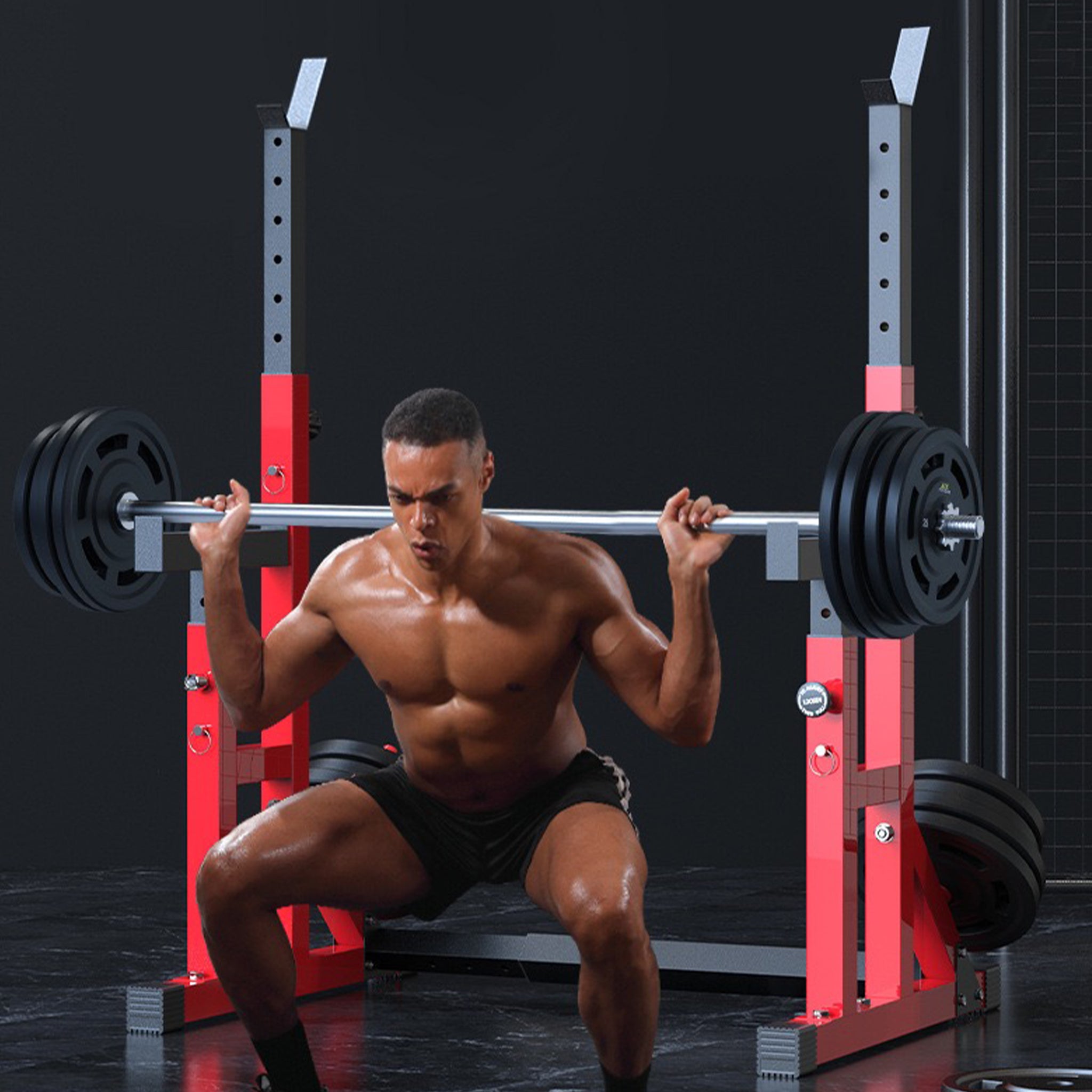 Pre Order Adjustable Squat Rack Barbell Rack Bundle - 100kg Colour Bumper Weight Plates & Barbell & Bench - Oli Joy Sports 