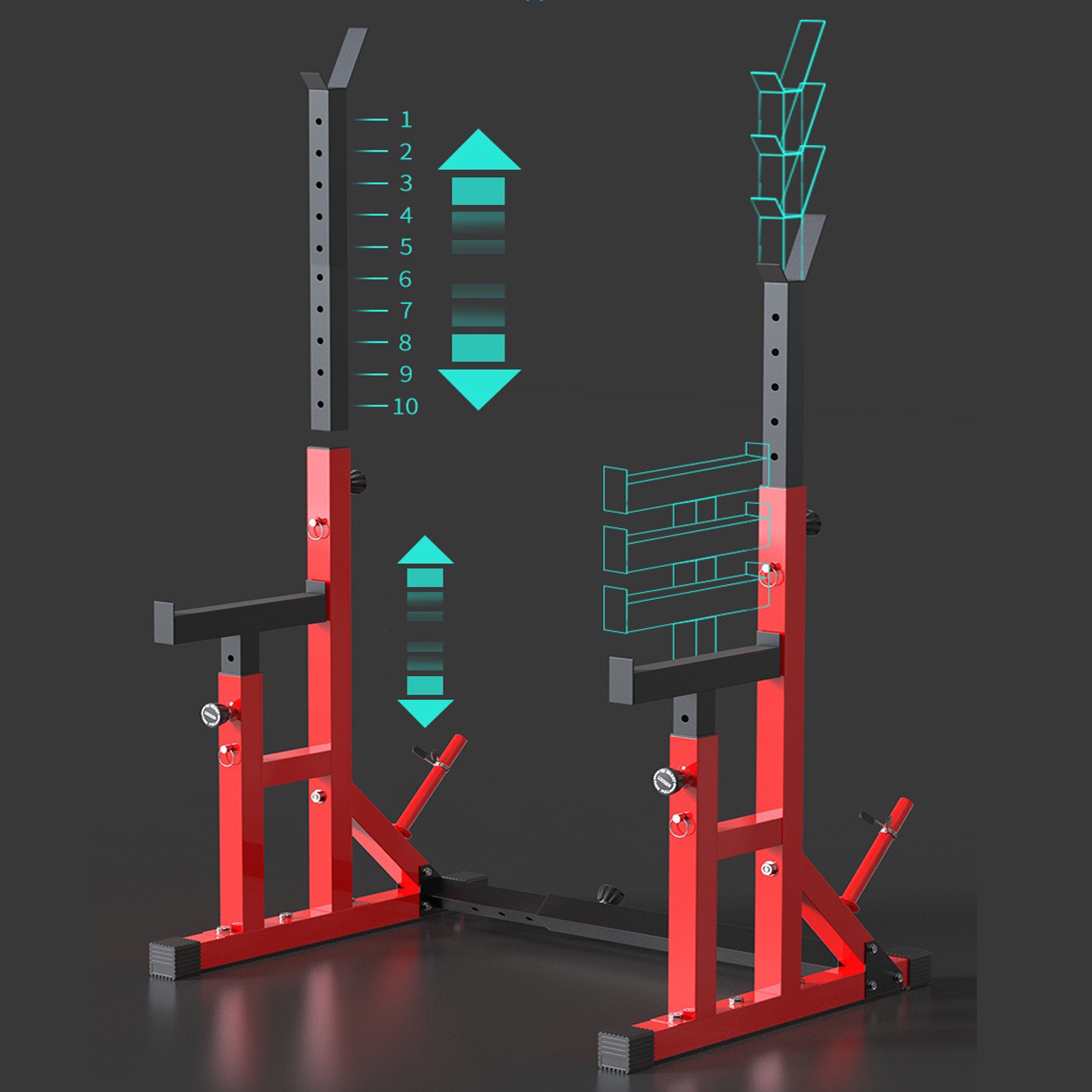 Pre Order Adjustable Squat Rack Barbell Rack Bundle - 100kg Colour Bumper Weight Plates & Barbell & Bench - Oli Joy Sports 