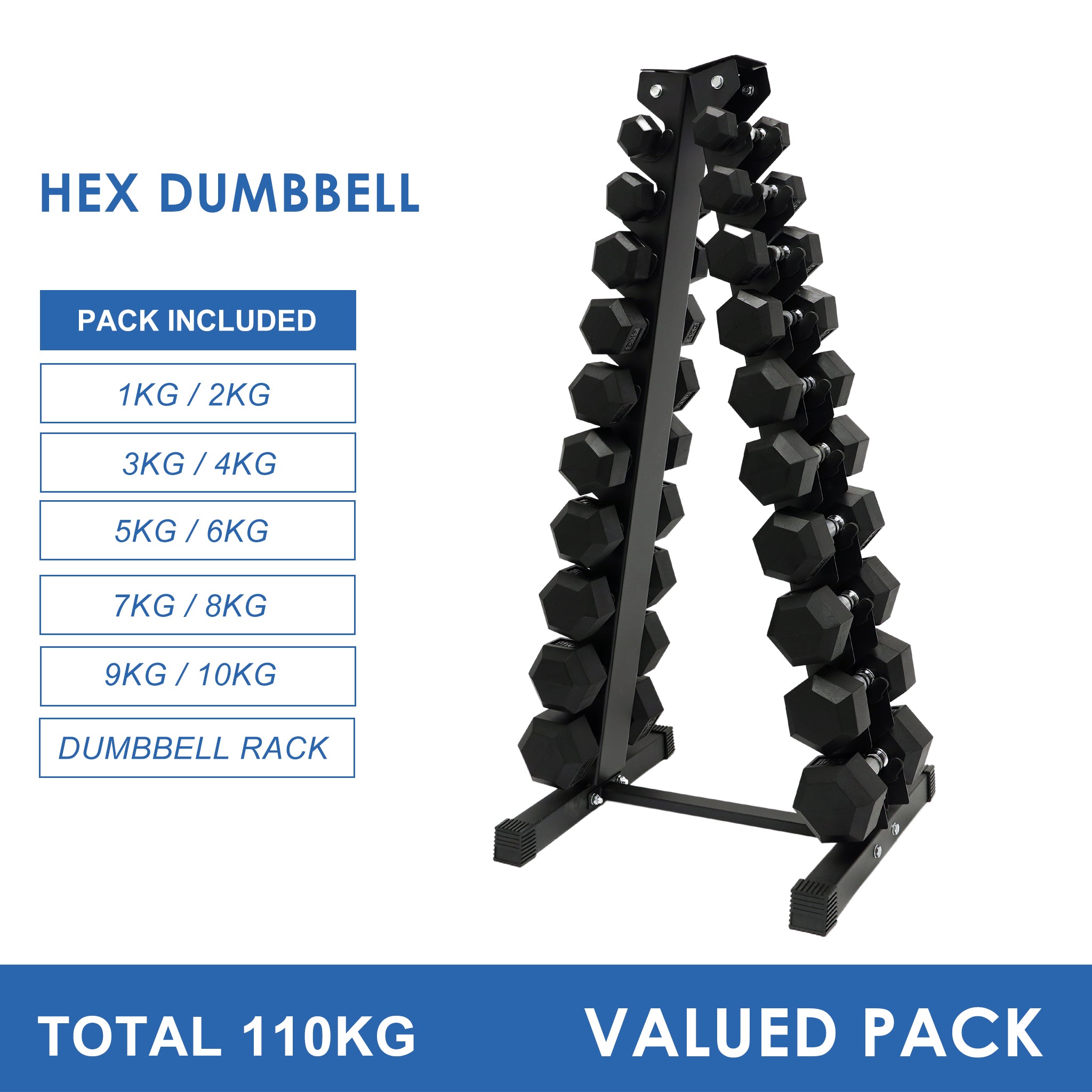 1kg to 10kg Hex Dumbbell & Storage Rack Bundle (10 pairs - 110kg) - Oli Joy Sports 