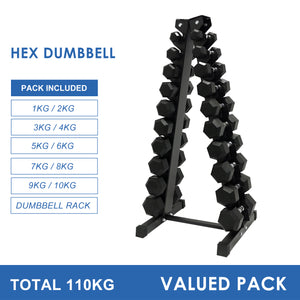 1kg to 10kg Hex Dumbbell & Storage Rack Bundle (10 pairs - 110kg)