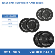 Load image into Gallery viewer, 60kg Black Cast Iron Plates Bundle (5/10/15)
