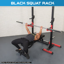 Load image into Gallery viewer, Squat Rack Bundle - 100kg Colour Bumper Weight Plates &amp; Barbell &amp; Bench
