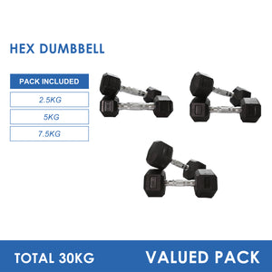 2.5kg to 7.5kg Hex Dumbbell (3 pairs - 30kg)
