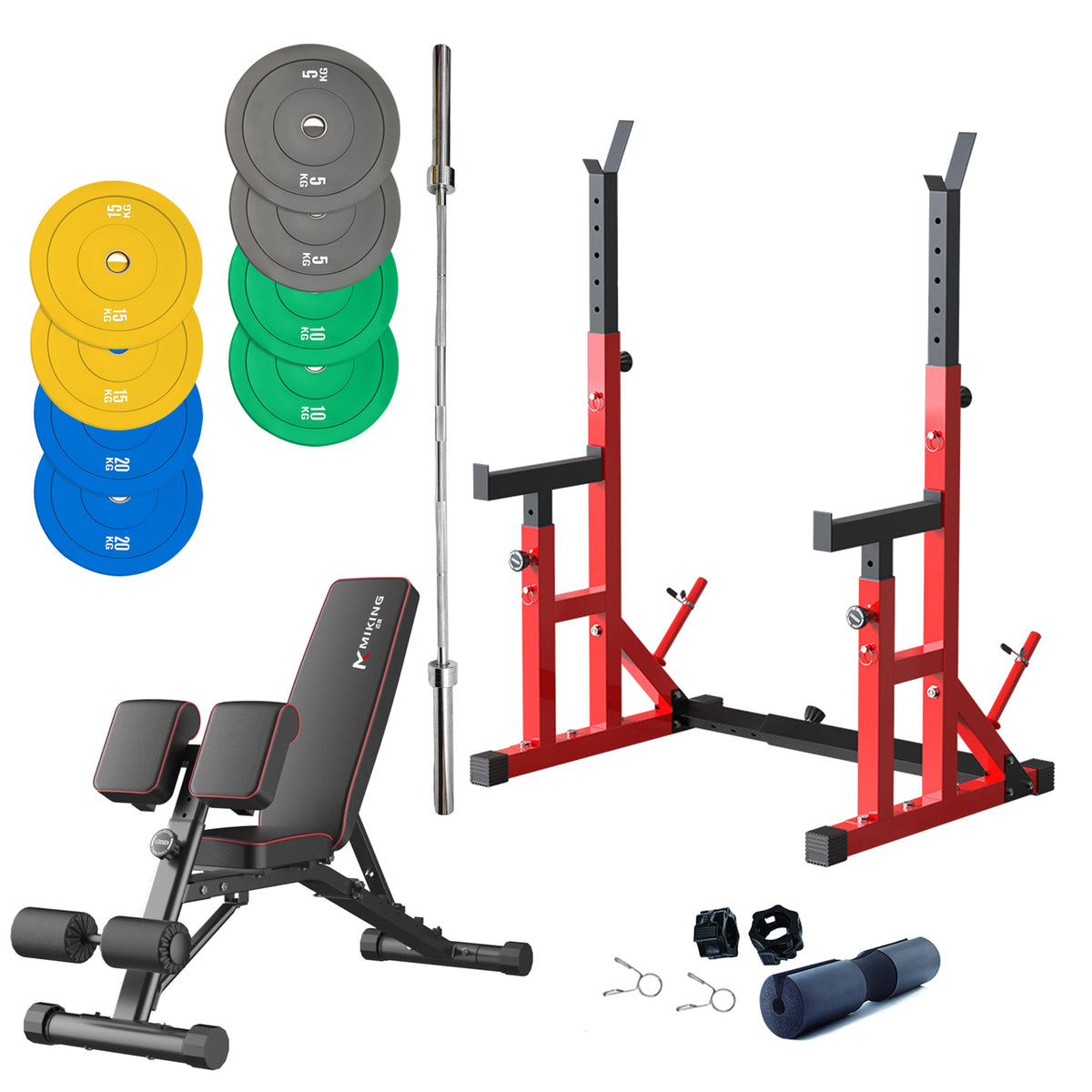 Pre Order Adjustable Squat Rack Bundle- 100kg Plates & Bench