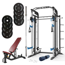 Load image into Gallery viewer, Smith Machine Bundle - 100kg Black Bumper Plates, Barbell &amp; Bench
