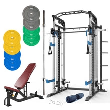 Load image into Gallery viewer, Smith Machine Bundle - 100kg Colour Weight Plates, Barbell &amp; Bench
