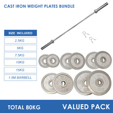 Load image into Gallery viewer, 80kg Cast Iron Weight Plates &amp; Barbell Bundle (1.5m bar)
