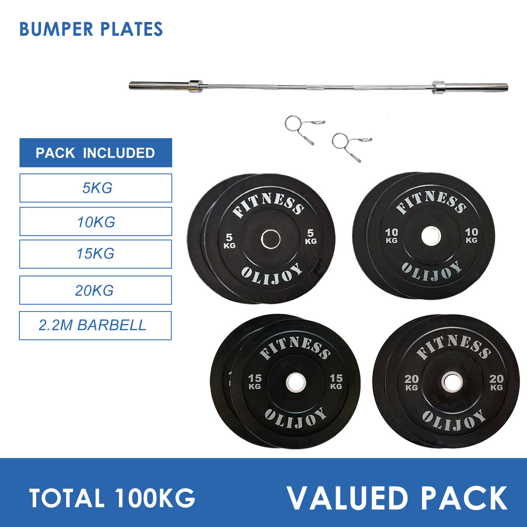 100kg Black Bumper Plates & Barbell Bundle (2.2m bar)