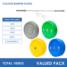 Load image into Gallery viewer, 100kg Colour Bumper Plates &amp; Barbell Bundle (2.2m bar)
