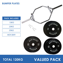 Load image into Gallery viewer, 120kg Black Bumper Plates &amp; Hex Trap Barbell Bundle - Oli Joy Sports 
