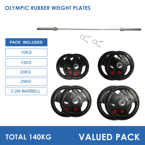 140kg Olympic Weight Plates & Barbell Bundle (2.2m bar) - Oli Joy Sports 