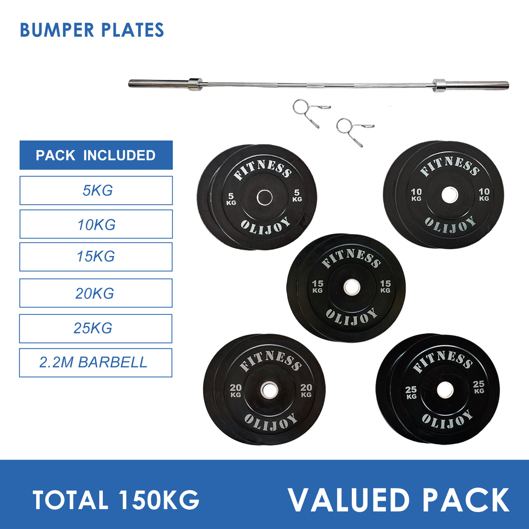 150kg Black Bumper Plates & Barbell Bundle (2.2m bar)