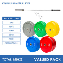 Load image into Gallery viewer, 150kg Colour Bumper Plates &amp; Barbell Bundle (2.2m bar)
