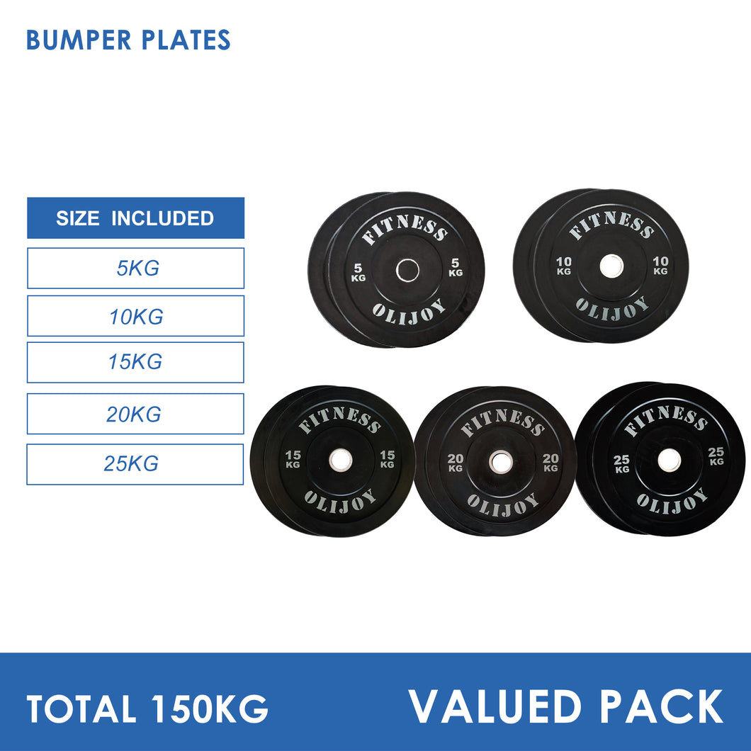 150kg Black Bumper Plates Bundle (5/10/15/20/25)