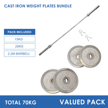 Load image into Gallery viewer, 70kg Cast Iron Weight Plates &amp; Barbell Bundle (2.2m bar)
