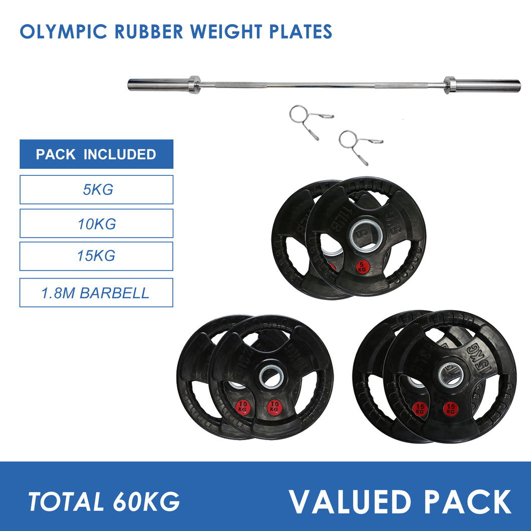 60kg Olympic Weight Plates & Barbell Bundle (1.8m bar)