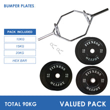 Load image into Gallery viewer, 90kg Black Bumper Plates &amp; Hex Trap Barbell Bundle
