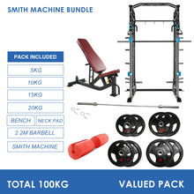 Load image into Gallery viewer, Smith Machine Bundle - 100kg Rubber Weight Plates, Barbell &amp; Bench
