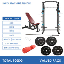 Load image into Gallery viewer, Smith Machine Bundle - 100kg Black Bumper Plates, Barbell &amp; Bench
