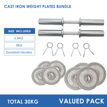 Load image into Gallery viewer, 30kg Cast Iron Weight Plates &amp; Dumbbell Handles Bundle
