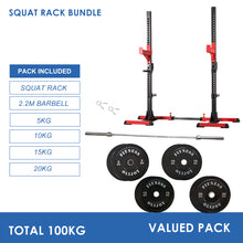 Load image into Gallery viewer, Squat Rack Bundle - 100kg Black Bumper Weight Plates &amp; Barbell
