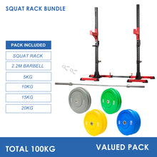 Load image into Gallery viewer, Squat Rack Bundle - 100kg Colour Bumper Weight Plates &amp; Barbell
