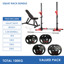 Load image into Gallery viewer, Squat Rack Bundle - 100kg Weight Plates, Barbell &amp; Bench
