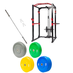 Power Rack Bundle - 100kg Colour Bumper Weight Plates & Barbell