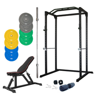Squat Rack Cage Bundle - 100kg Colour Bumper Weight Plates, Barbell & Bench