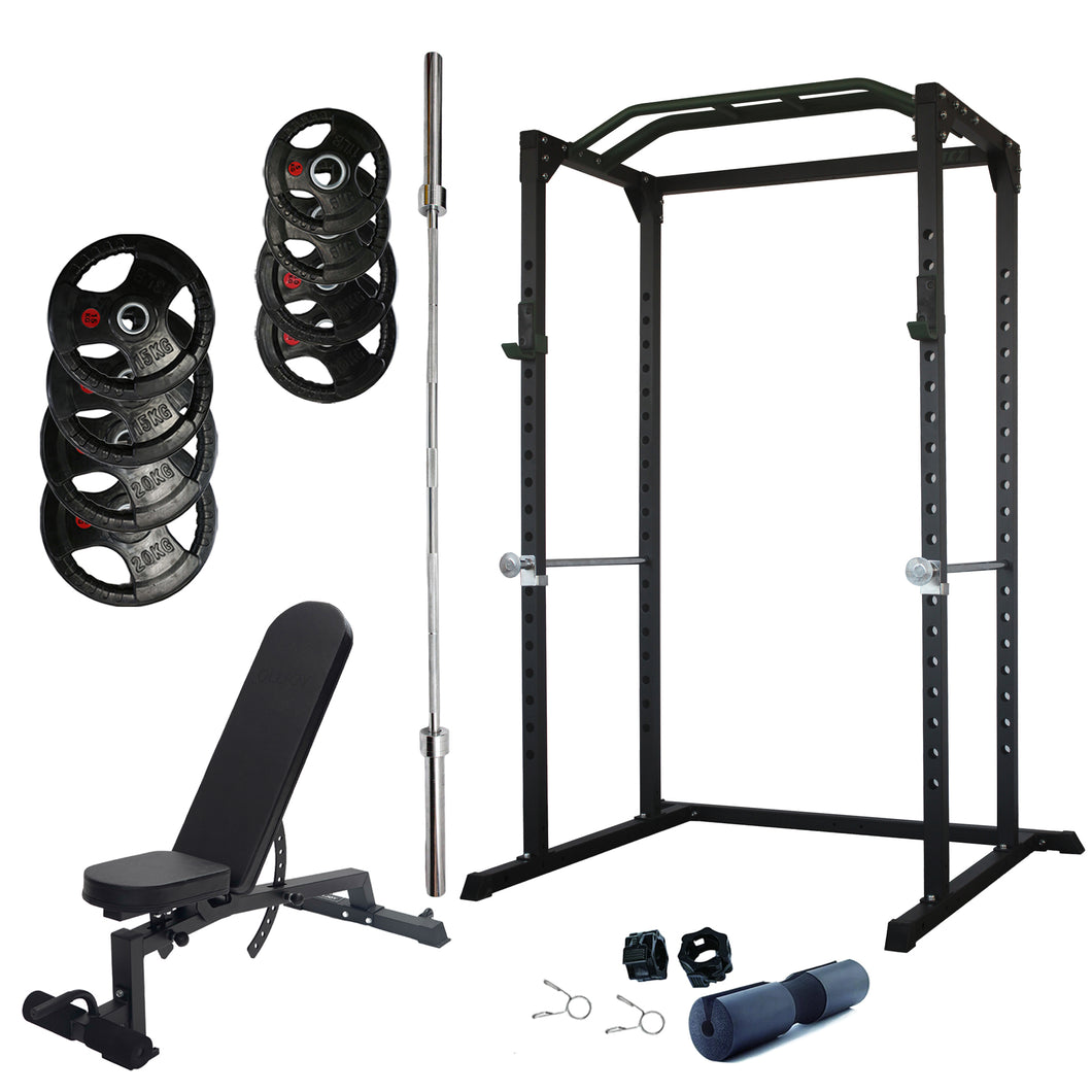 Pre Order Squat Rack Cage Bundle - 100kg Rubber Weight Plates, Barbell & Bench