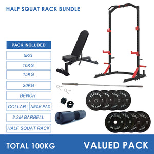 Half Squat Rack Bundle - 100kg Black Bumper Plates, Barbell & Bench